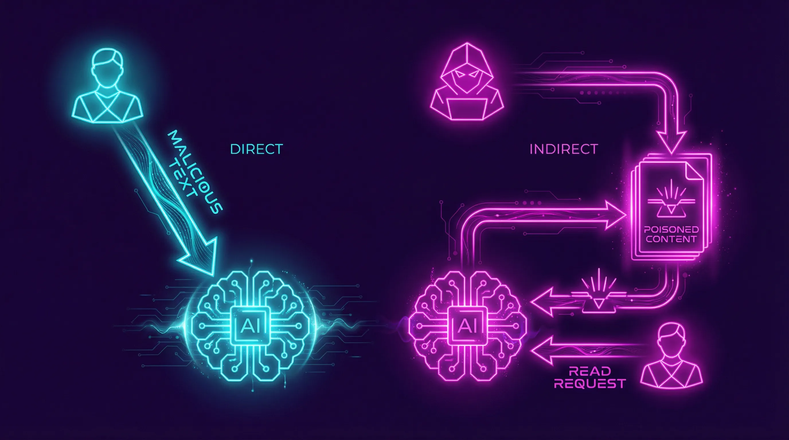 Direct vs Indirect Prompt Injection attack flow diagram
